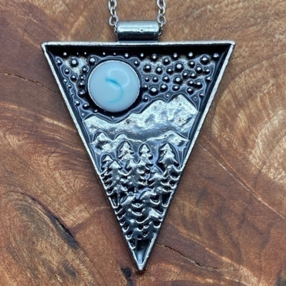 Triangle Pendant Necklace‎ Mountain Moon Forest Triangle Silver Tone Necklace